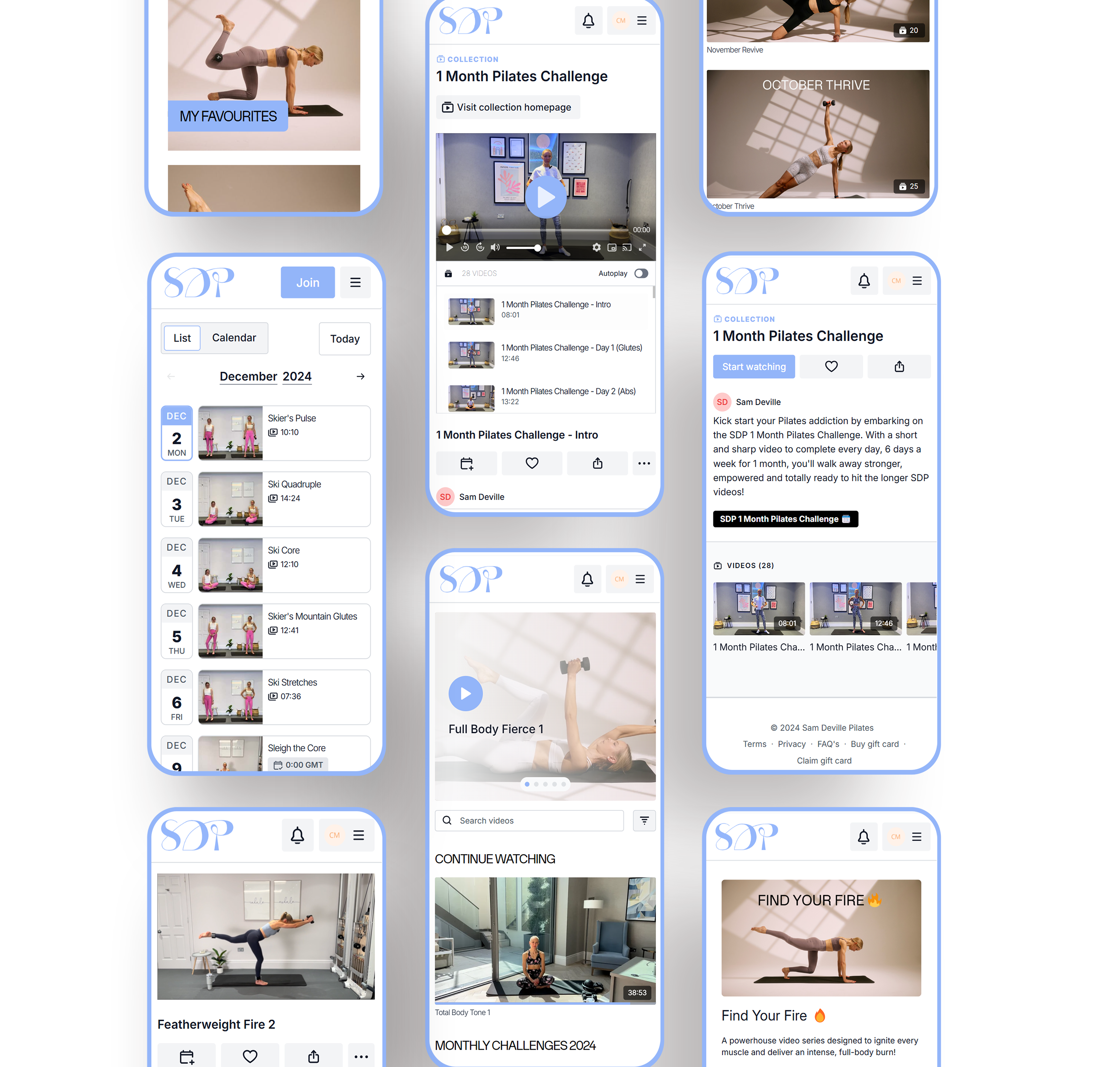 Multiple mobile phone mockups showing screenshots of the Sam Deville online pilates platform