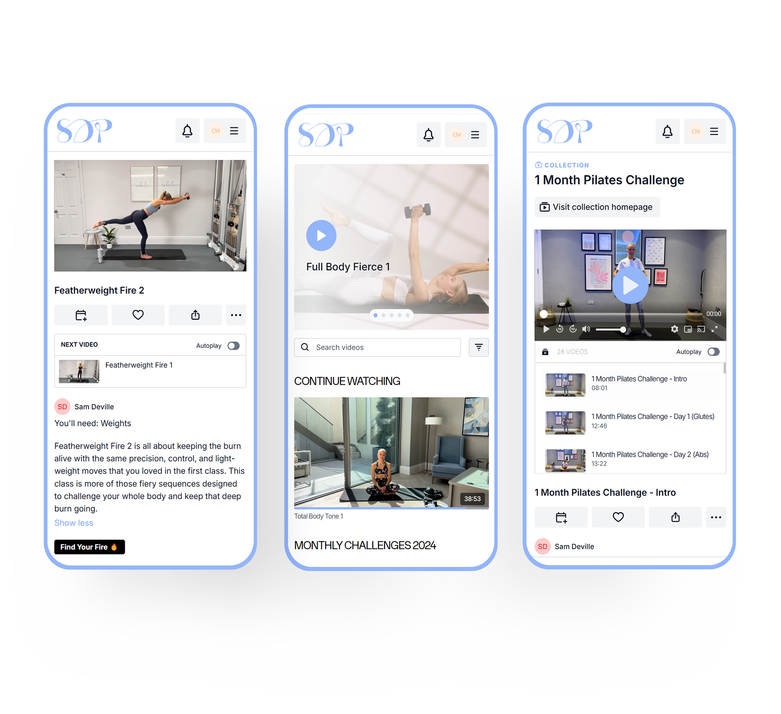 Three mobile phone mockups side by side, showing screenshots of the Sam Deville online pilates platform